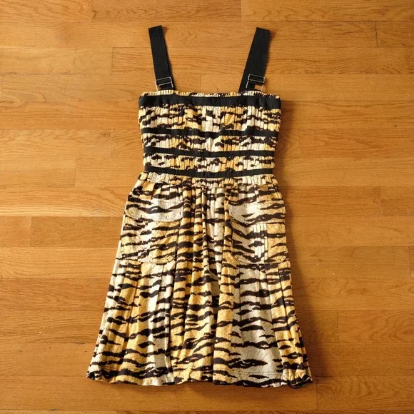 D&G Dolce & Gabbana Tiger Print Utility Cargo Mini Dress IT 42 Brown Yellow Y2K - Picture 1 of 12